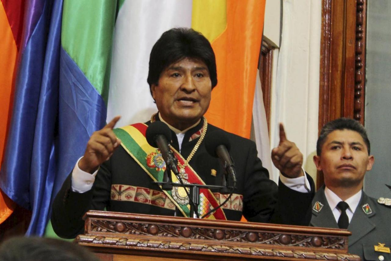 Bolivia’s President Evo Morales speaks during a ceremony to mark 10 years of his administration during a session of congress in La Paz