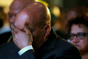 South Africa’s President Jacob Zuma reacts during the official announcement of the munincipal election results at the result centre in Pretoria