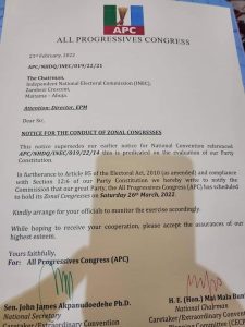 JUST IN : APC notifies INEC on conduct of Zonal congresses